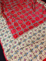 Tomato Red Banarasi Dupion Silk Bandhej Bandhani Saree | Minakari Work | Muted Zari Weave | Authentic Bandhej Saree | Saree Store - Kaash