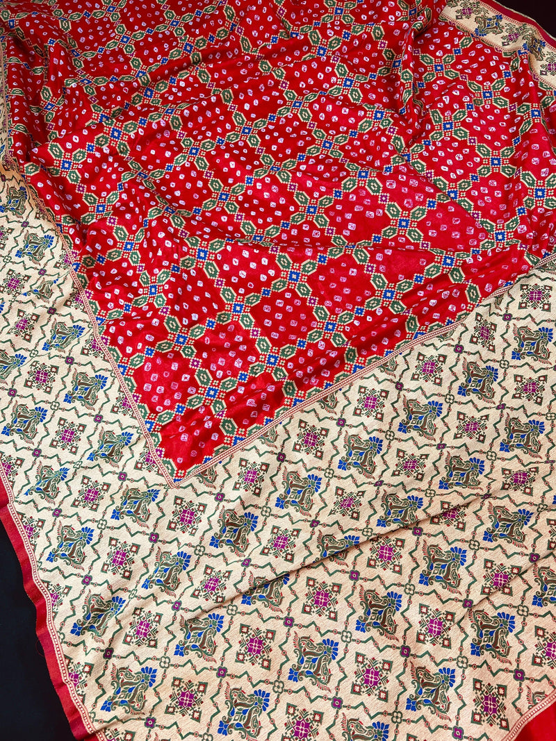 Tomato Red Banarasi Dupion Silk Bandhej Bandhani Saree | Minakari Work | Muted Zari Weave | Authentic Bandhej Saree | Saree Store - Kaash