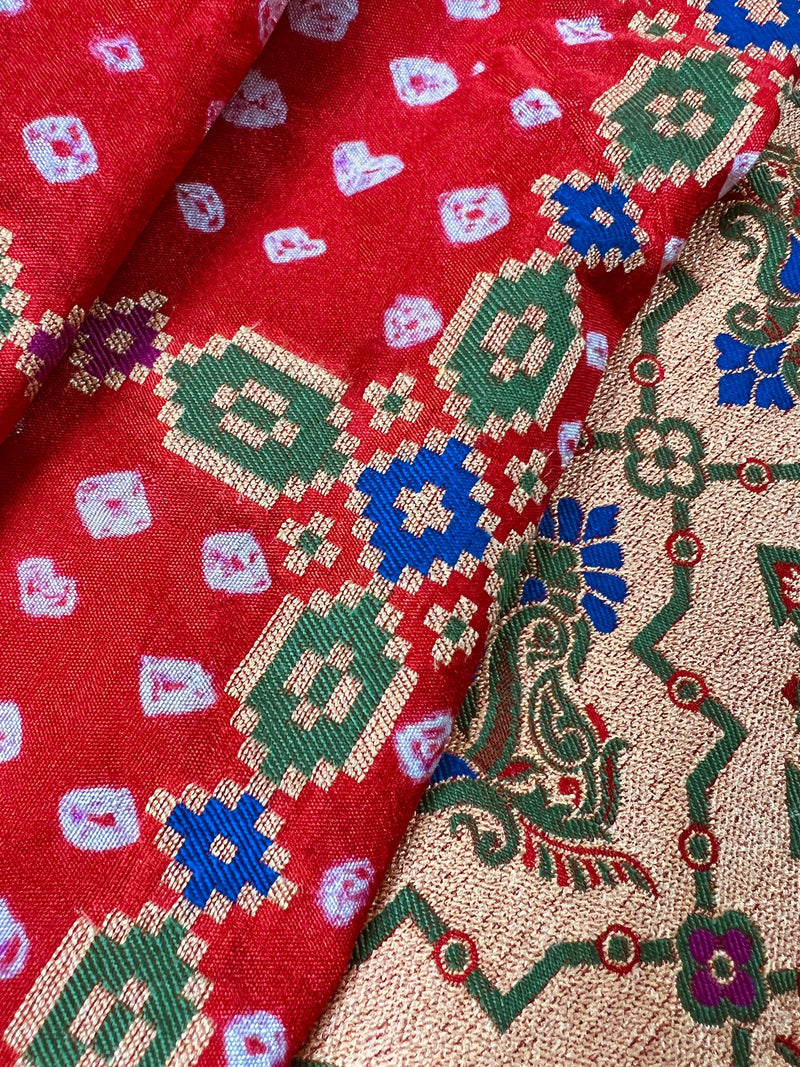 Tomato Red Banarasi Dupion Silk Bandhej Bandhani Saree | Minakari Work | Muted Zari Weave | Authentic Bandhej Saree | Saree Store - Kaash