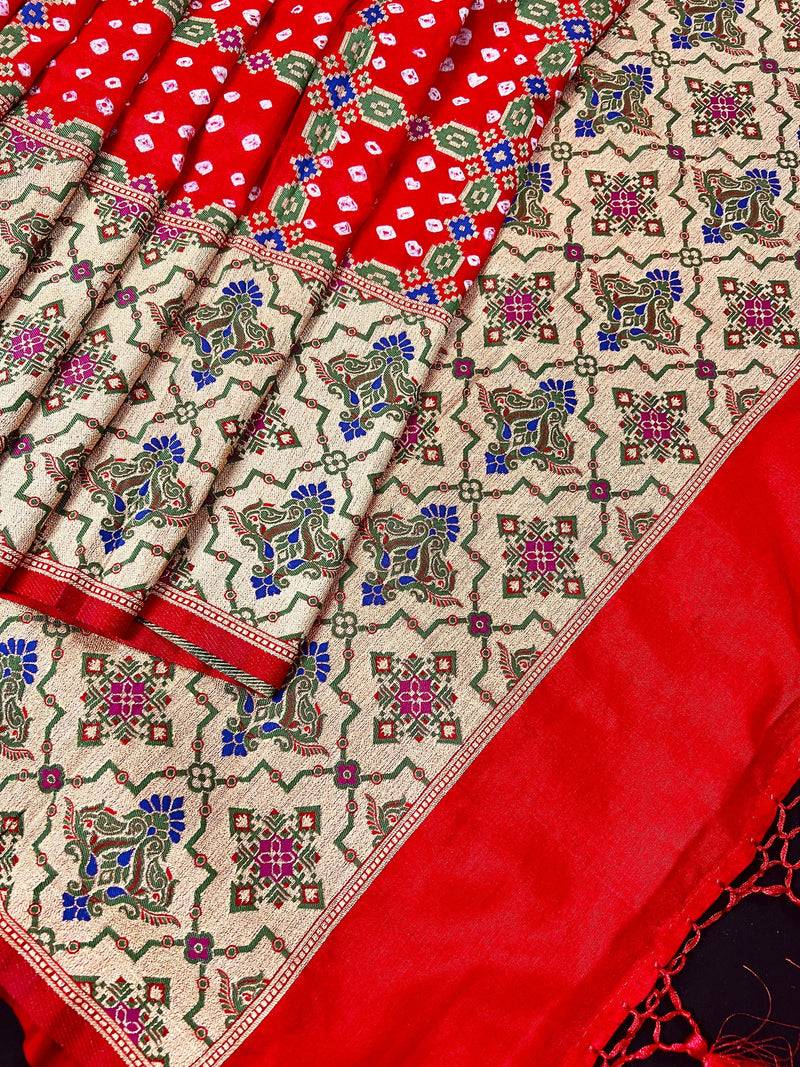 Tomato Red Banarasi Dupion Silk Bandhej Bandhani Saree | Minakari Work | Muted Zari Weave | Authentic Bandhej Saree | Saree Store - Kaash