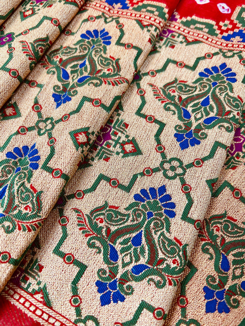 Tomato Red Banarasi Dupion Silk Bandhej Bandhani Saree | Minakari Work | Muted Zari Weave | Authentic Bandhej Saree | Saree Store - Kaash