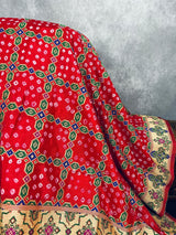Tomato Red Banarasi Dupion Silk Bandhej Bandhani Saree | Minakari Work | Muted Zari Weave | Authentic Bandhej Saree | Saree Store - Kaash