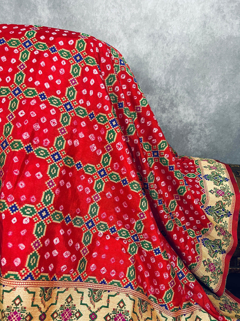 Tomato Red Banarasi Dupion Silk Bandhej Bandhani Saree | Minakari Work | Muted Zari Weave | Authentic Bandhej Saree | Saree Store - Kaash