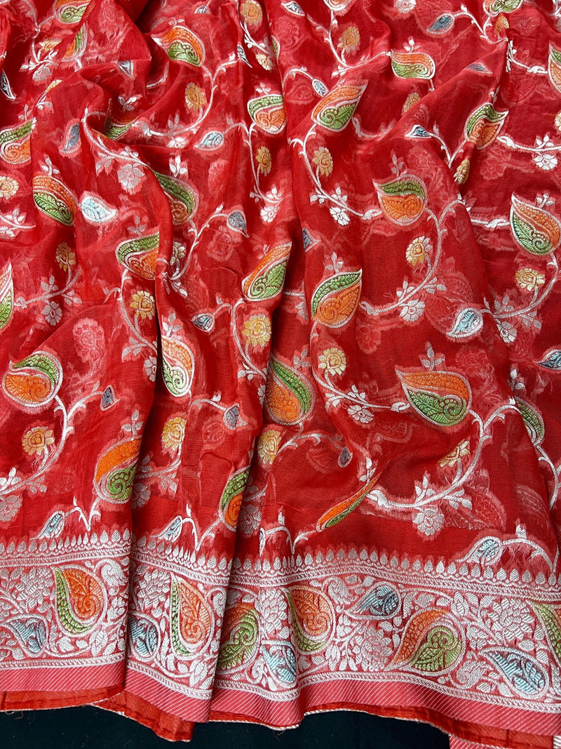 Silk Mark Certified Tomato Red Pure Georgette Chiffon saree in pure georgette chiffon with silver zari with hand-brush paint jaal — Kaash Collection