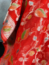 Silk Mark Certified Tomato Red Pure Georgette Chiffon saree in pure georgette chiffon with silver zari with hand-brush paint jaal — Kaash Collection