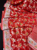 Silk Mark Certified Tomato Red Pure Georgette Chiffon saree in pure georgette chiffon with silver zari with hand-brush paint jaal — Kaash Collection