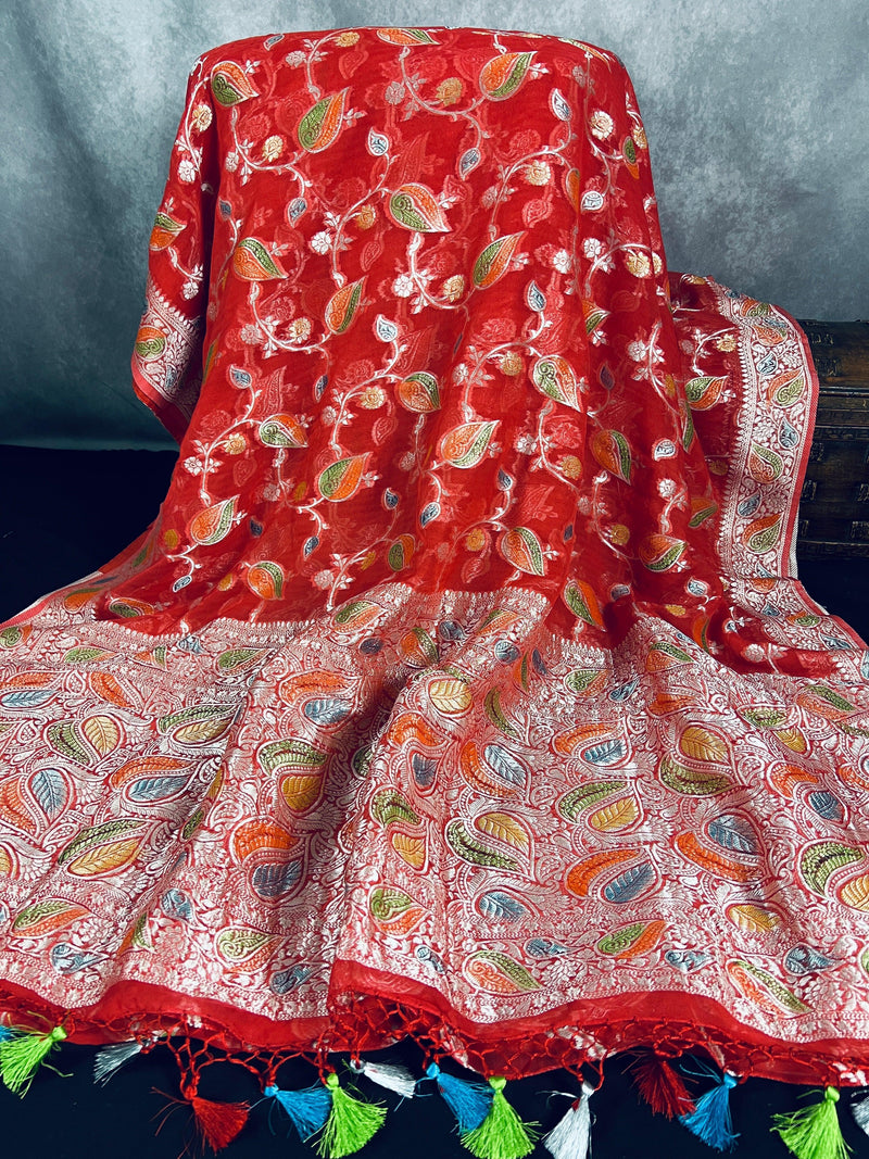 Tomato Red Color Pure Georgette Chiffon Silk Saree with Sliver Zari Weave and hand brush Work | SILK MARK CERTIFIED - Kaash