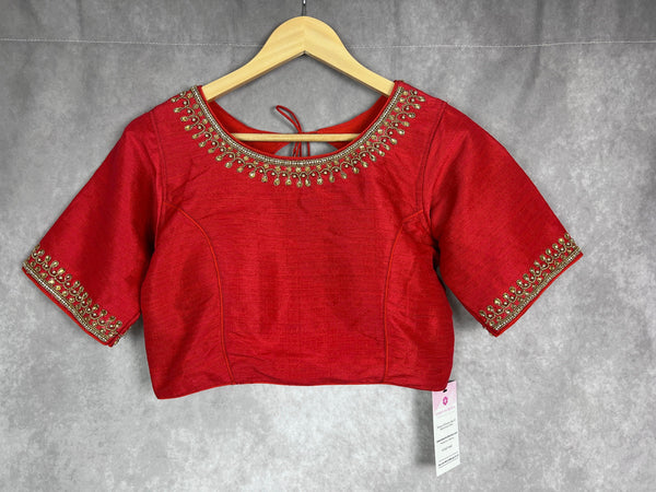 Tomato Red Color Raw Silk Ready to Wear Blouse | Padded Blouse | Size - 36 | Readymade Saree Blouses | Stitched Blouses | Kaash Blouses - Kaash