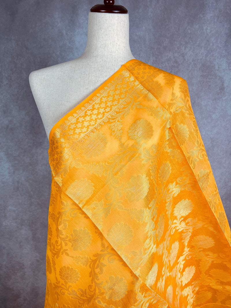 Turmeric Yellow Color Benarasi Handwoven Semi Silk Dupatta with Muted Gold Zari Weaving | Dupatta | Stole | Scarf | Dupattas for Wedding - Kaash