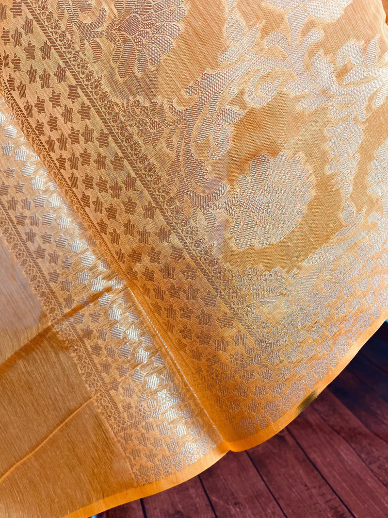 Turmeric Yellow Color Benarasi Handwoven Semi Silk Dupatta with Muted Gold Zari Weaving | Dupatta | Stole | Scarf | Dupattas for Wedding - Kaash