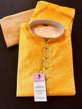 Turmeric Yellow men's kurta pajama in soft silk (non-pure) with floral self-design — Kaash Collection