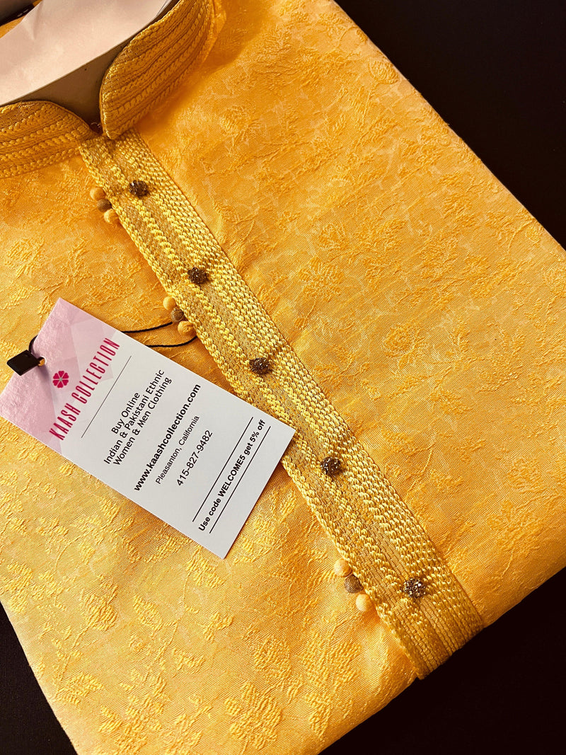 Turmeric Yellow designer Men Kurta Pajama Set with Weave Work | Soft Silk Men Ethnic Wear| Designer Mens Wear | Kaash Collection - Kaash