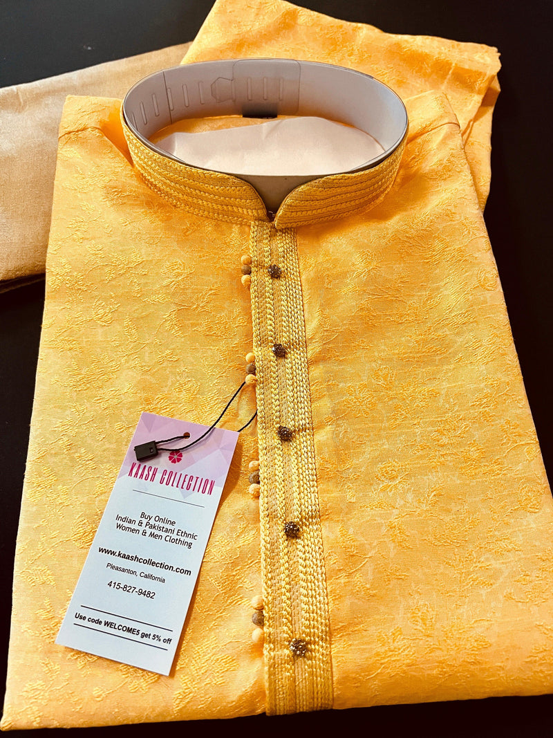 Turmeric Yellow designer Men Kurta Pajama Set with Weave Work | Soft Silk Men Ethnic Wear| Designer Mens Wear | Kaash Collection - Kaash