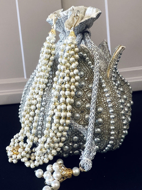 Wedding Potli Bag | Sliver Beaded Clutch Handmade Bag | Party Clutch Sling | Wedding Purse | Bridal Bag | Handmade Embellished Bag - Kaash