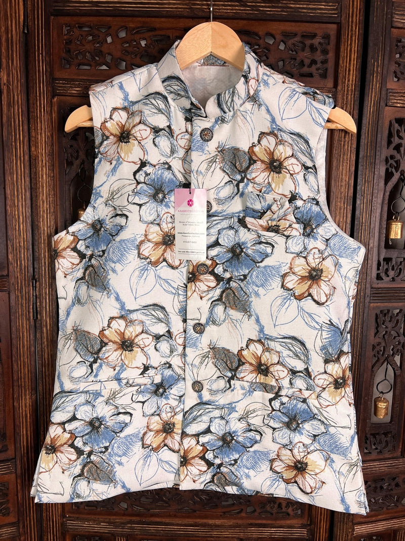 White men's Nehru/Modi jacket in jute soft silk with floral digital prints — Kaash Collection