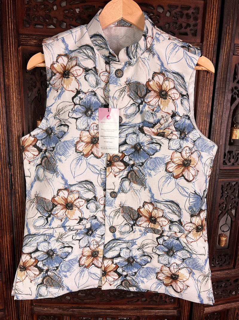 White Color Jute Silk Jacket For Kurta Pajama Floral Digital Prints | Jacket for Kurta | Gift For Him | Wedding Kurta | Modi Nehru Jacket - Kaash