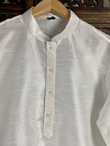 White Color Raw Silk Indian Men Short Kurta - Kaash