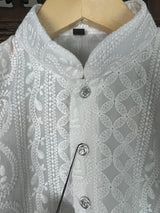 White Boys Georgette Chikankari 2-piece kurta pajama set for boys with lucknowi chikankari on georgette — Kaash Collection