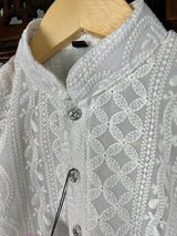 White Boys Georgette Chikankari 2-piece kurta pajama set for boys with lucknowi chikankari on georgette — Kaash Collection