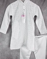 White Boys Georgette Chikankari 2-piece kurta pajama set for boys with lucknowi chikankari on georgette — Kaash Collection