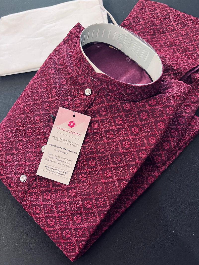 Wine Color Chikankari Lucknowi Georgette Men Kurta Pajama Set with Lining | Chikhankari Kurtas | Mens Ethnic Wear | Kaash Kurta Set - Kaash