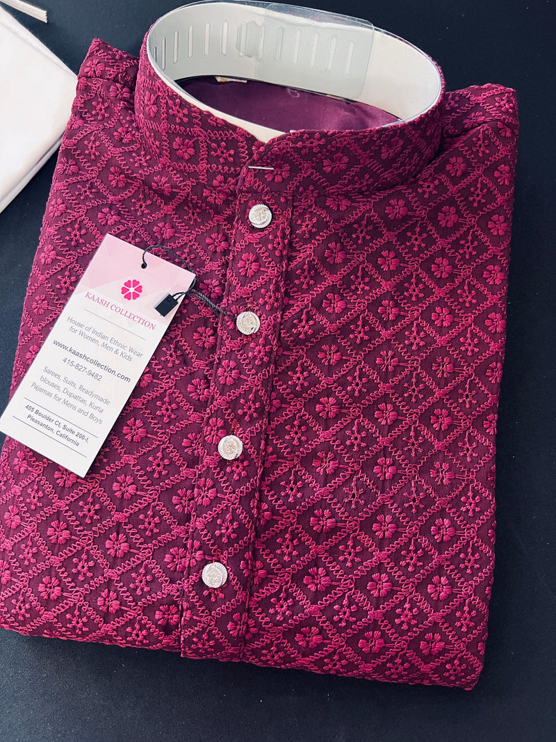 Wine Color Chikankari Lucknowi Georgette Men Kurta Pajama Set with Lining | Chikhankari Kurtas | Mens Ethnic Wear | Kaash Kurta Set - Kaash