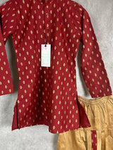 Wine Boys Cotton Silk Dhoti 2-piece kurta pajama set for boys with small gold buttis with gold dhoti — Kaash Collection