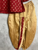 Wine Boys Cotton Silk Dhoti 2-piece kurta pajama set for boys with small gold buttis with gold dhoti — Kaash Collection