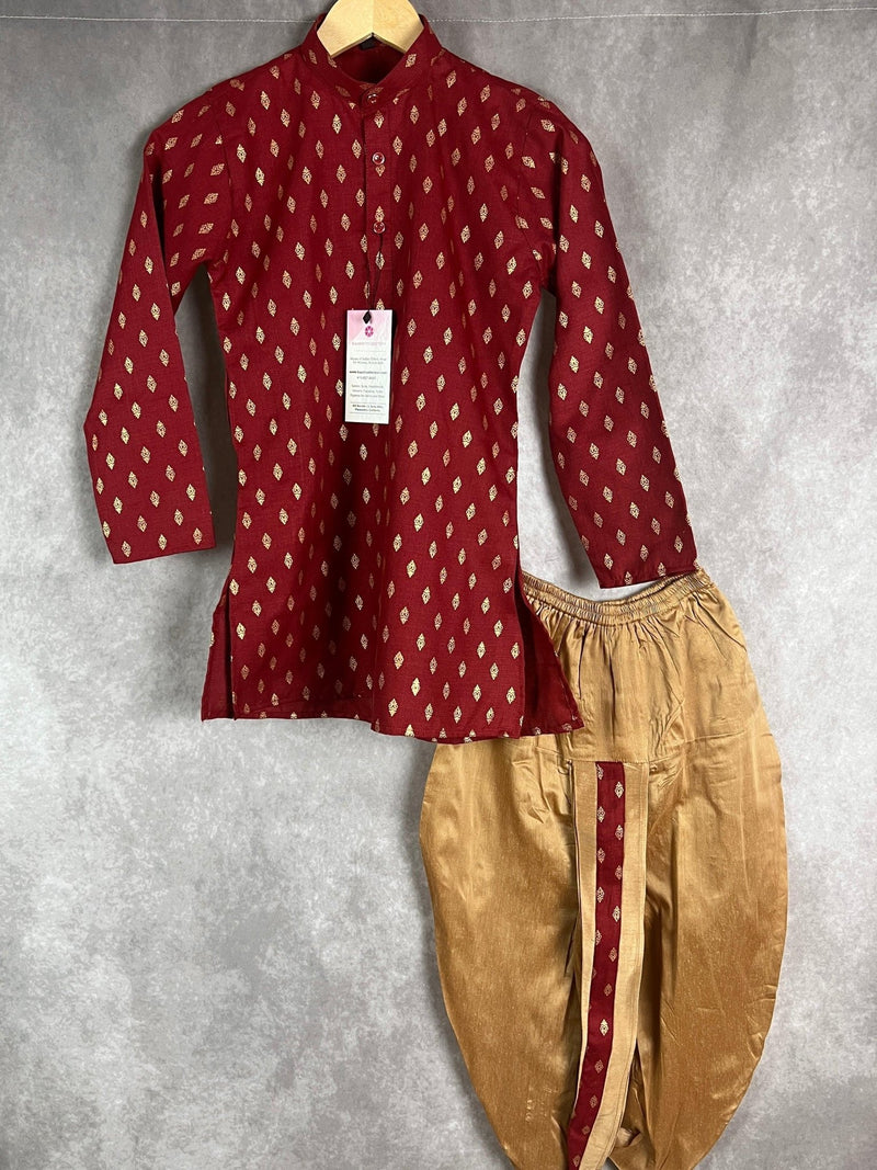 Wine Boys Cotton Silk Dhoti 2-piece kurta pajama set for boys with small gold buttis with gold dhoti — Kaash Collection