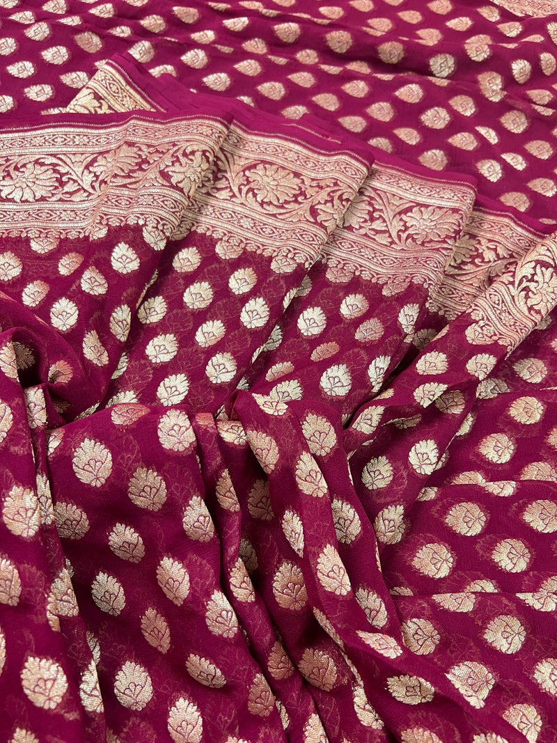 Wine Color Pure Khaadi Georgette Silk Saree with small Gold buttis and Grand Pallu - Kaash