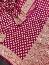 Wine Color Pure Khaadi Georgette Silk Saree with small Gold buttis and Grand Pallu - Kaash
