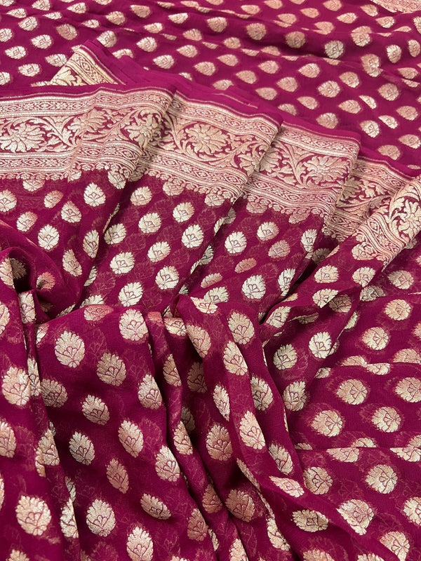 Wine Color Pure Khaadi Georgette Silk Saree with small Gold buttis and Grand Pallu | Pure Georgette Sari | SILK MARK CERTIFIED | Kaash Collection - Kaash