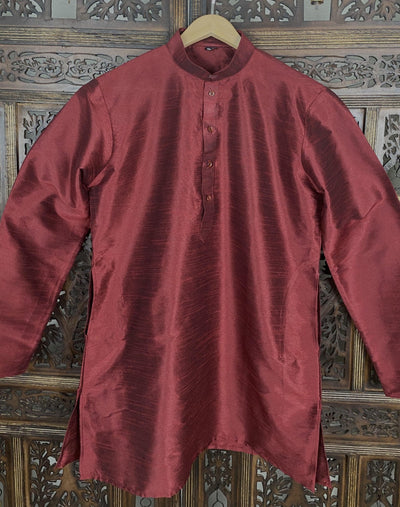 Wine men's short kurta in raw silk with short kurta (no pajama) — Kaash Collection