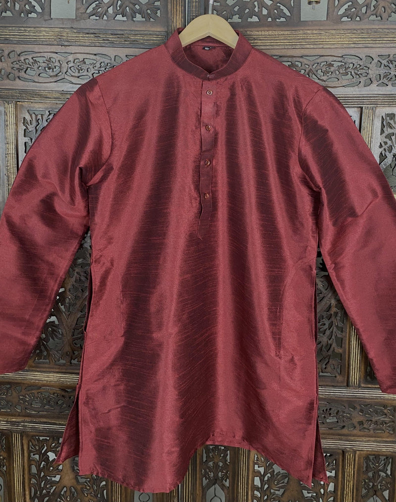 Wine men's short kurta in raw silk with short kurta (no pajama) — Kaash Collection
