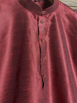 Wine men's short kurta in raw silk with short kurta (no pajama) — Kaash Collection
