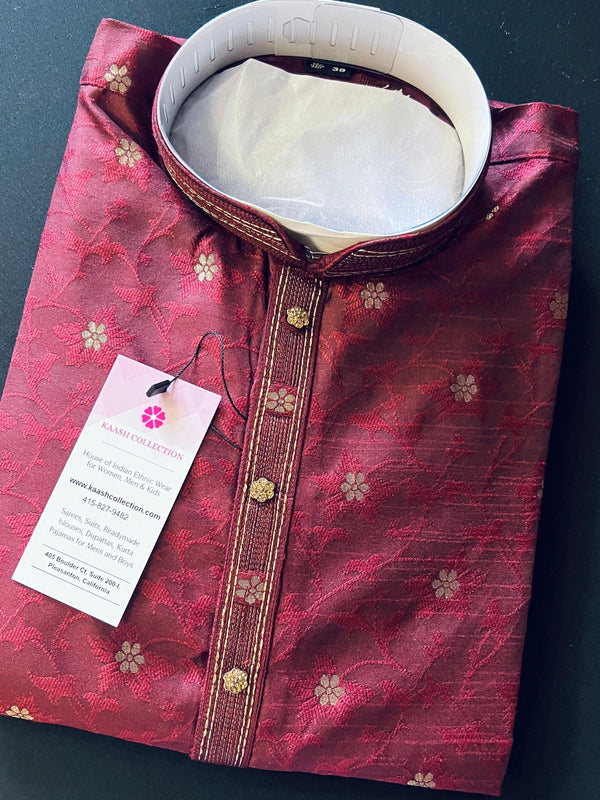 Wine Color Soft Silk Men Kurta Pajama for Men with Self Design material with small Zari Weave butti - Kaash