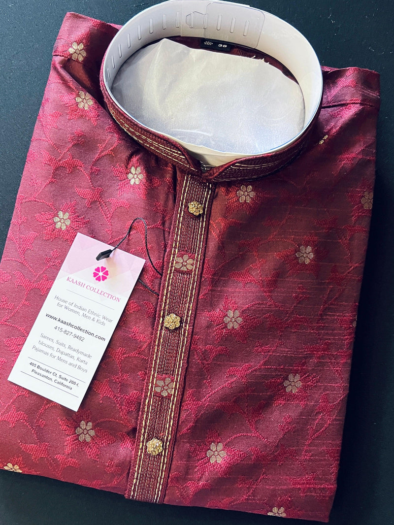 Wine Color Soft Silk Men Kurta Pajama for Men with Self Design material with small Zari Weave butti - Kaash