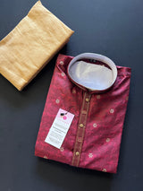Wine Color Soft Silk Men Kurta Pajama for Men with Self Design material with small Zari Weave butti - Kaash