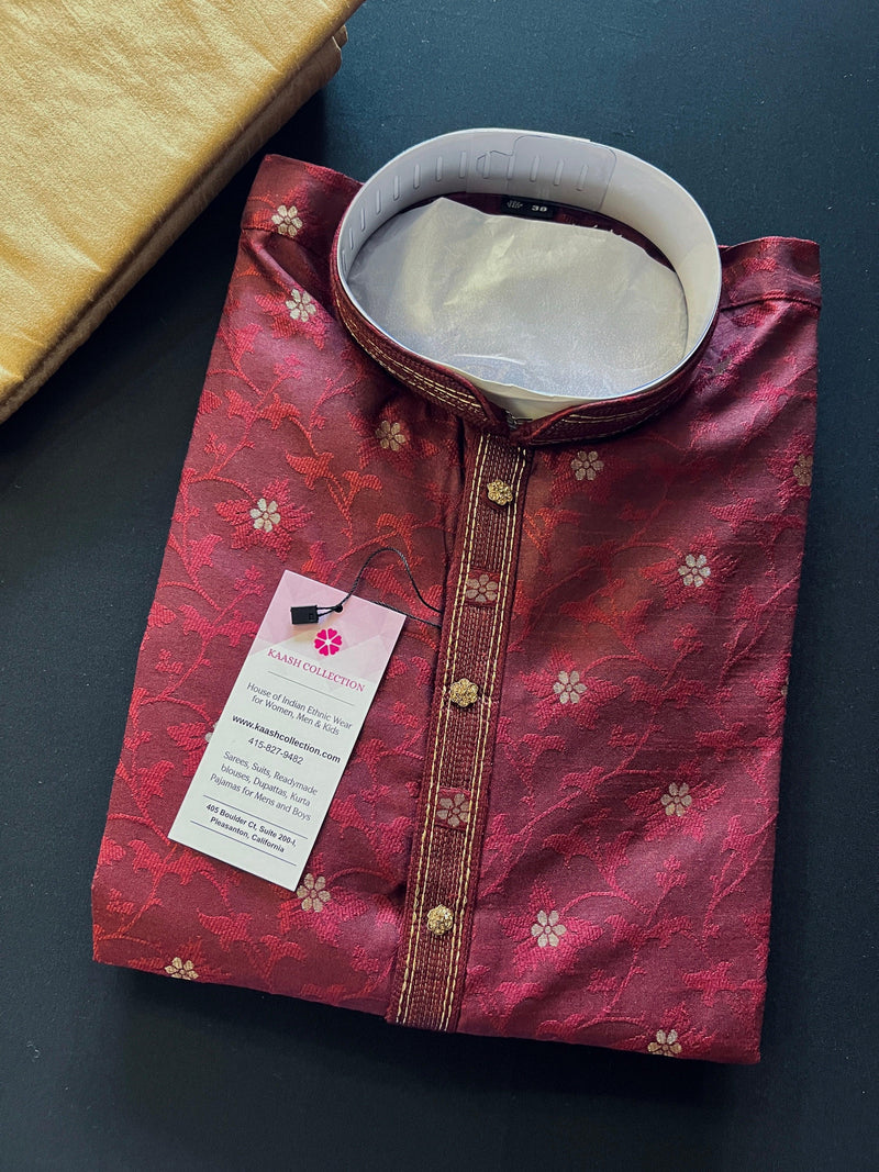 Wine Color Soft Silk Men Kurta Pajama for Men with Self Design material with small Zari Weave butti - Kaash