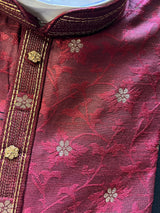 Wine Color Soft Silk Men Kurta Pajama for Men with Self Design material with small Zari Weave butti - Kaash
