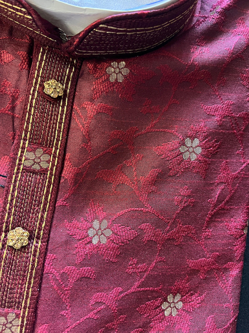 Wine Color Soft Silk Men Kurta Pajama for Men with Self Design material with small Zari Weave butti - Kaash