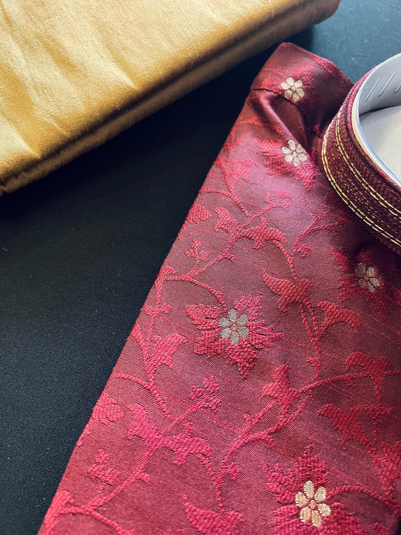 Wine Color Soft Silk Men Kurta Pajama for Men with Self Design material with small Zari Weave butti - Kaash