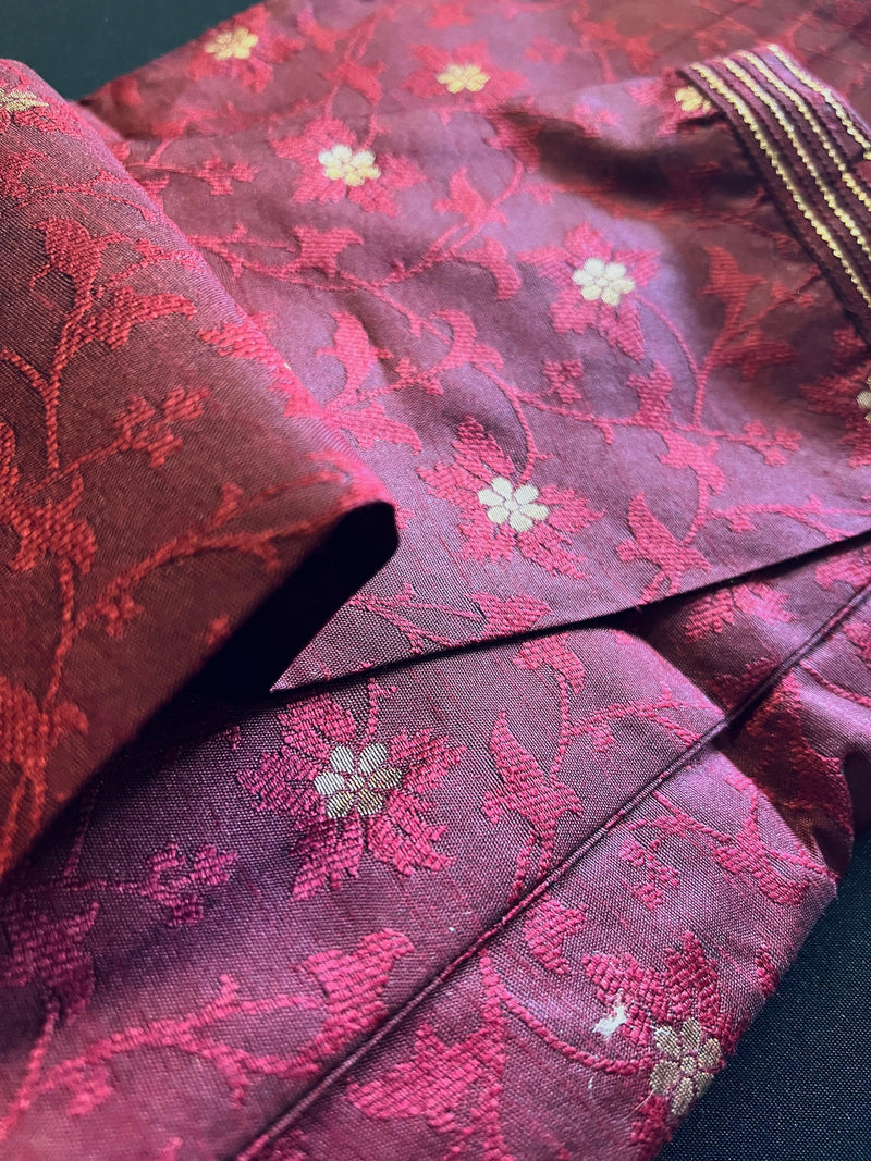 Wine Color Soft Silk Men Kurta Pajama for Men with Self Design material with small Zari Weave butti - Kaash
