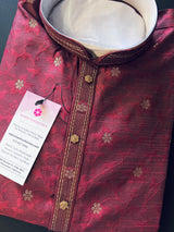 Wine Color Soft Silk Men Kurta Pajama for Men with Self Design material with small Zari Weave butti - Kaash