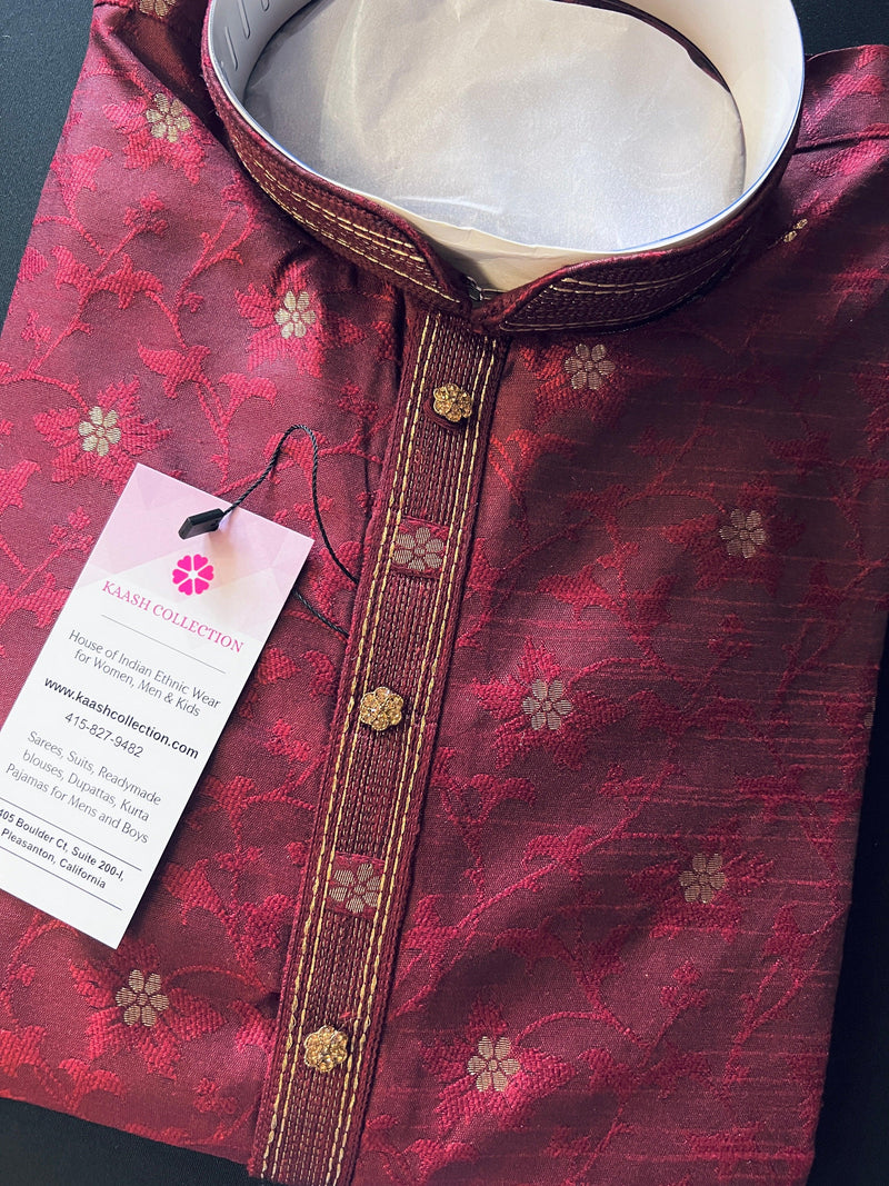 Wine Color Soft Silk Men Kurta Pajama for Men with Self Design material with small Zari Weave butti - Kaash
