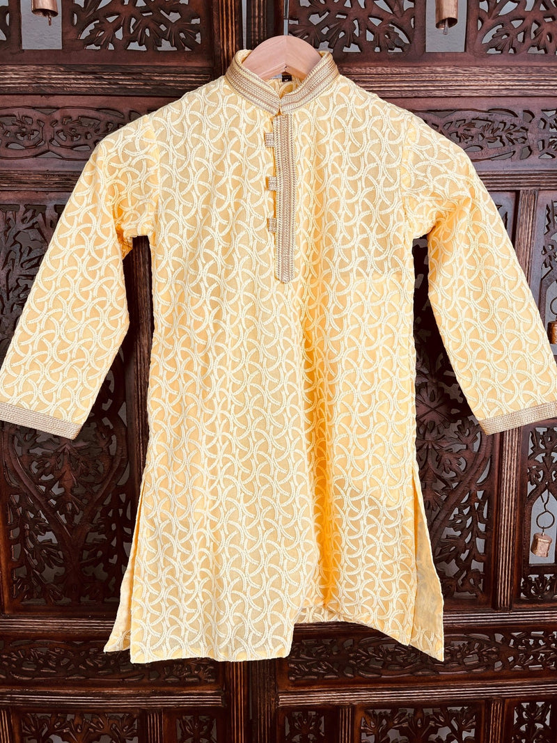 Yellow Boys Georgette Chikankari 2-piece kurta pajama set for boys with lucknowi chikankari on georgette — Kaash Collection