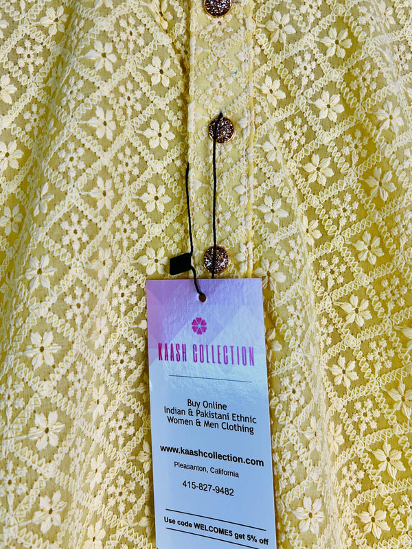 Yellow Color Kurta Pajama for Boys in Georgette material with Lucknowi Chikankari Work | Boys Kurta Pajama | Boys Kurtas | Kaash Collection - Kaash