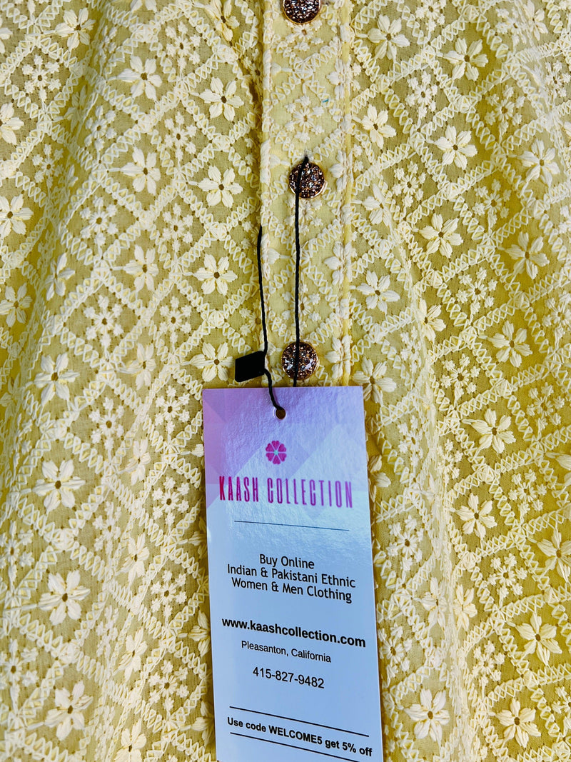 Yellow Color Kurta Pajama for Boys in Georgette material with Lucknowi Chikankari Work | Boys Kurta Pajama | Boys Kurtas | Kaash Collection - Kaash