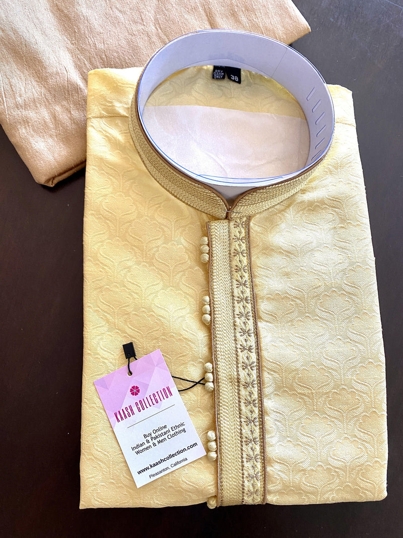 Yellow Color Men Kurta Pajama Set with Embroidery work on neckline | Kurta for Haldi - Kaash