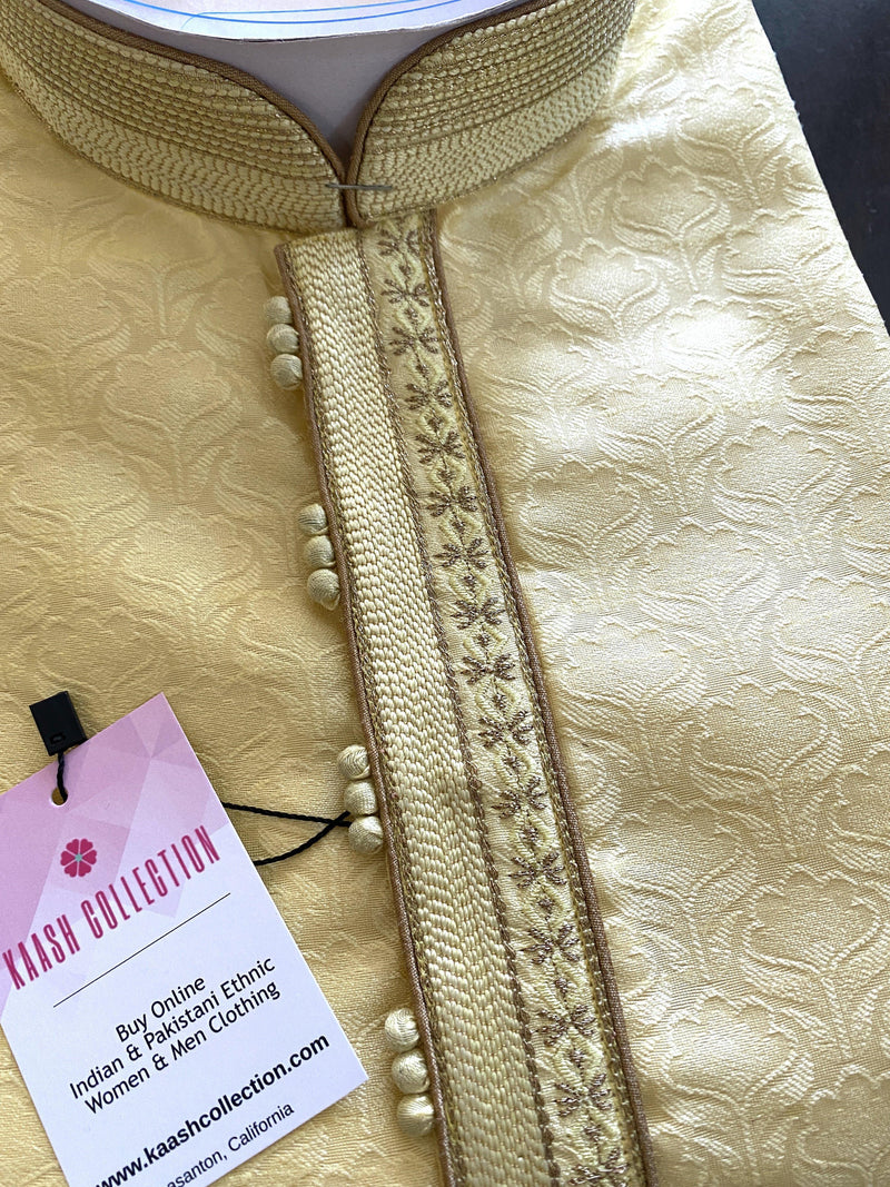 Yellow Color Men Kurta Pajama Set with Embroidery work on neckline | Kurta for Haldi - Kaash